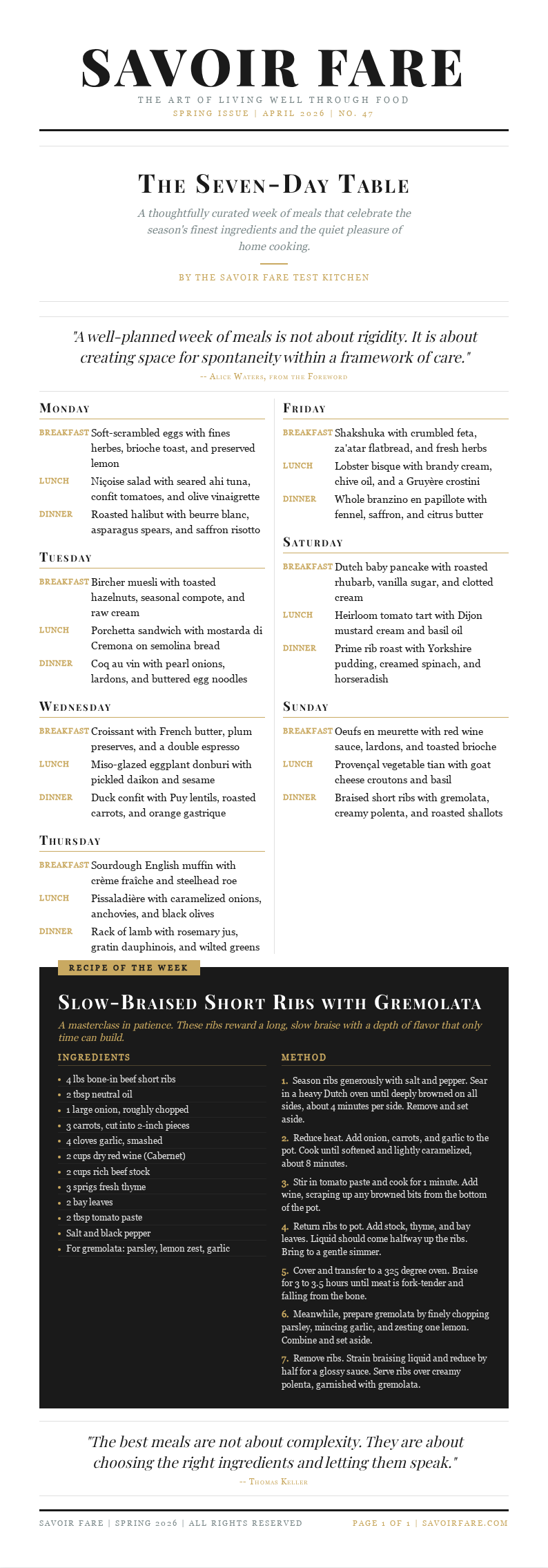 Editorial magazine meal plan